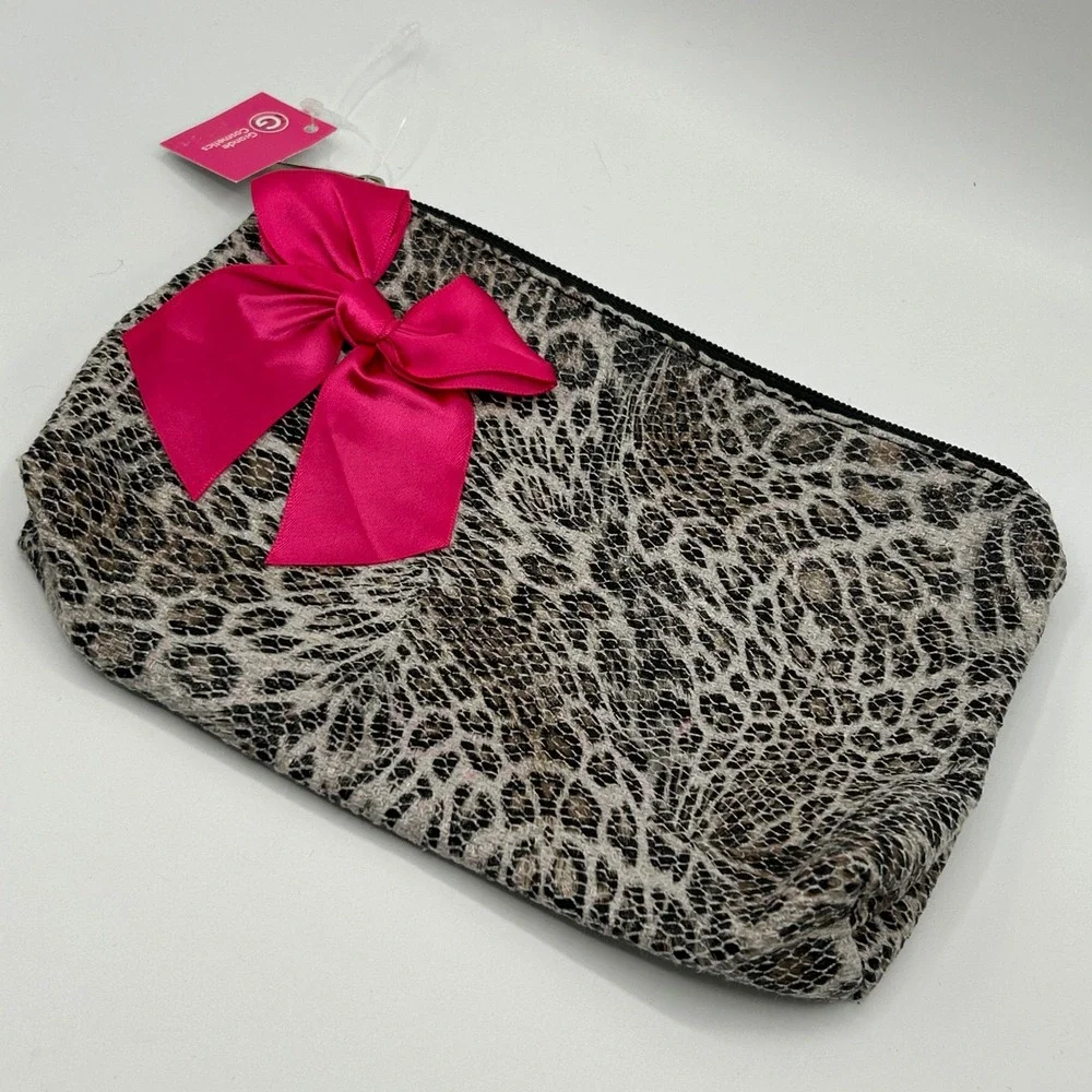 Grande Cosmetics Makeup Bag Gray Leopard Pink Bow‎ Cosmetic Travel Pouch NWT